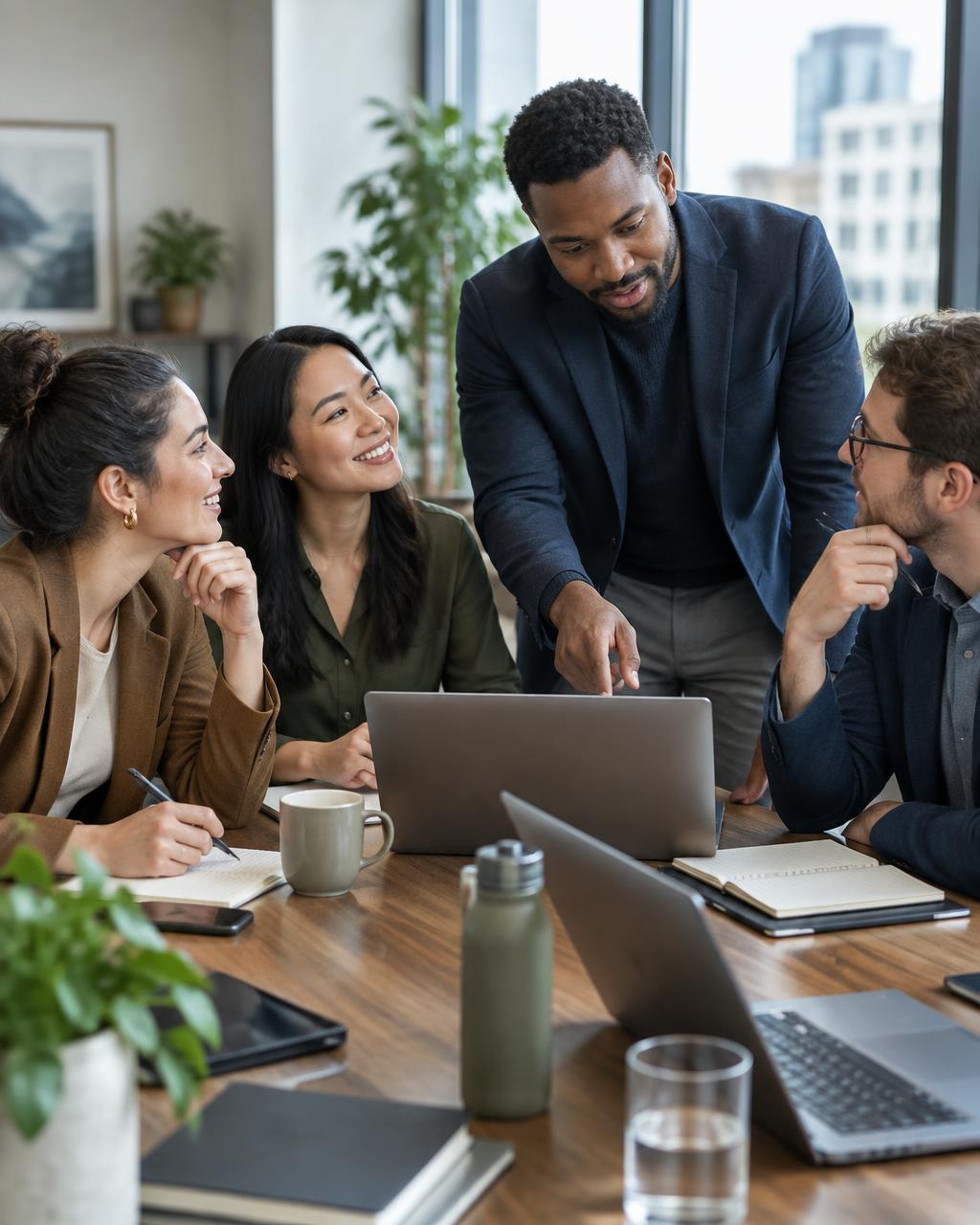 BRX team gathered around a work conversation in the office