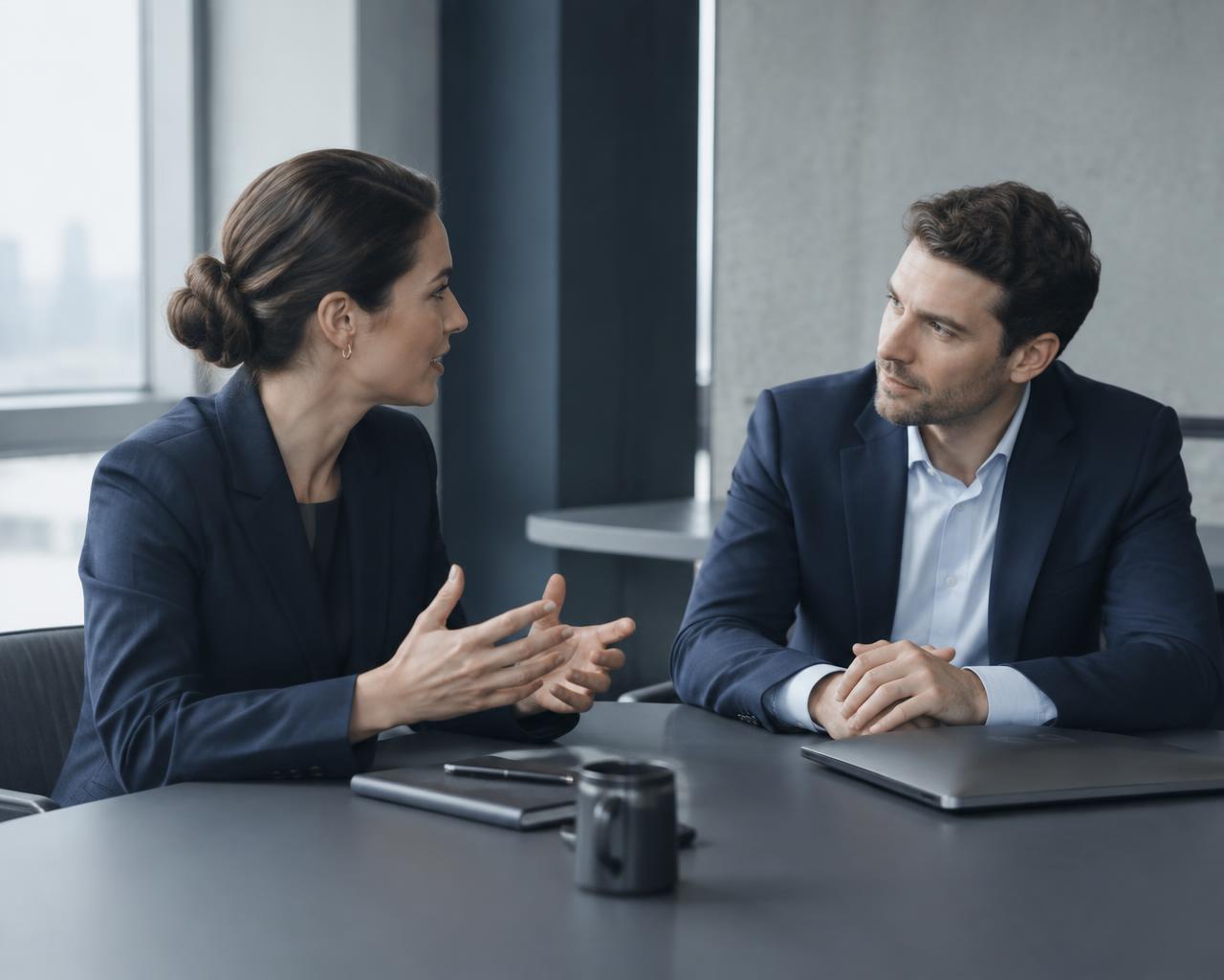 Two people talking across a table in an office.