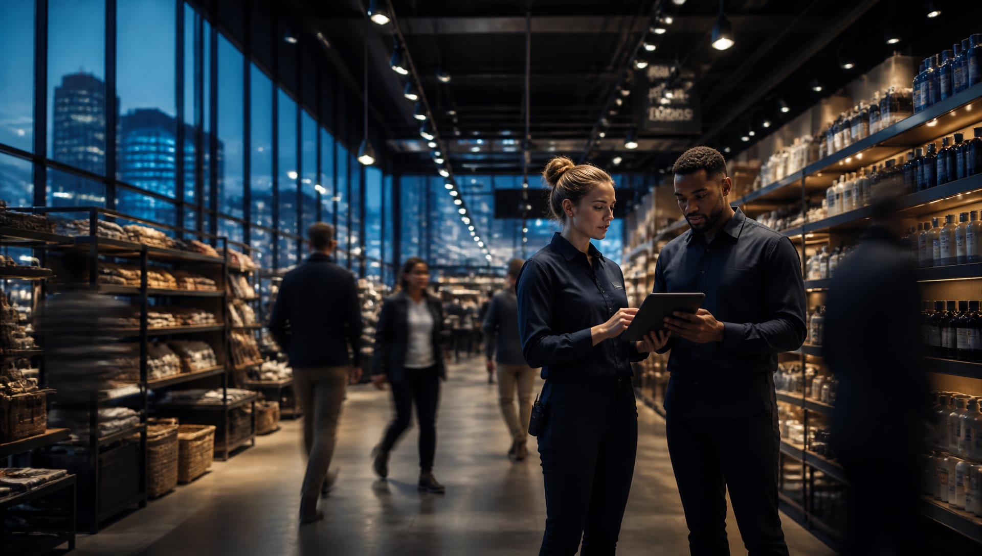 Retail operations team analyzing data in store